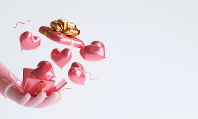 heart balloons popping out from giftbox. 3d illustration