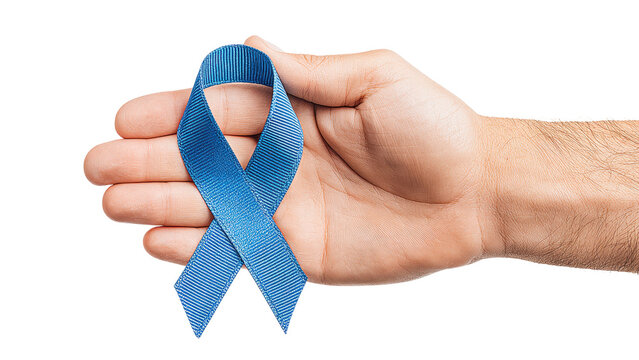 Hand Holding Light Blue Awareness Ribbon on White