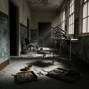 Mysterious Abandoned Hospital Corridor: Dim Lighting, Scattered Medical Tools, and Eerie Shadows Evoking a Subtle Necro Trauma Ambiance