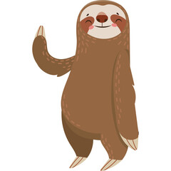 Cute Cartoon Brown Sloth Waving With A Friendly Smile And Closed Eyes Isolated On White Background Studio Shot