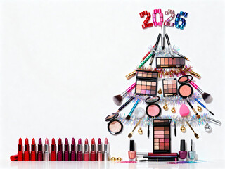 2026 Christmas tree of makeup accessories,  shape of a holiday tree on white background, text space