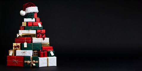 Christmas gift tree with Santa Hat on black background