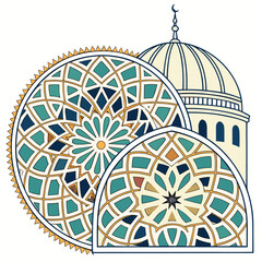 Islamic Architectural Design: A stylized architectural illustration features intricate mosaic windows and a domed structure, showcasing the artistry and cultural heritage of the Islamic world.