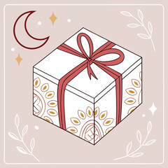 Magical Gift: An intricately designed gift box, adorned with delicate patterns and a charming ribbon, sits under the soft glow of a crescent moon and twinkling stars.