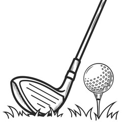 Golfing Essentials: A captivating monochrome illustration of a golf club poised to strike the ball on a tee, embodies precision and the spirit of the game. 