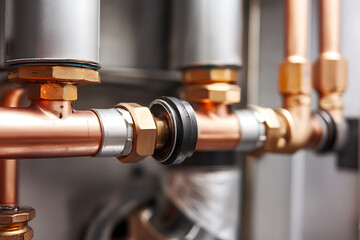 Pipes and fittings converge in a copper and metal symphony, showcasing intricate plumbing work. Precision engineering ensures secure connections.  #PlumbingArt