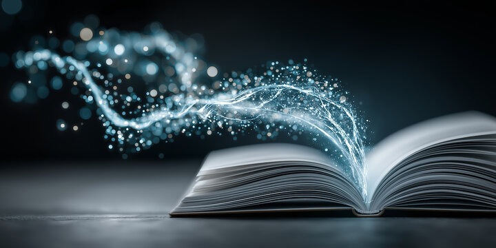 Open book with magical, glowing particles swirling above it, creating sense of wonder and imagination. scene is set against dark background, highlighting ethereal light
