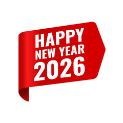 Happy new year 2026 red ribbon banner, sticker, label illustration
