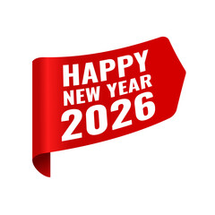 Happy new year 2026 red ribbon banner, sticker, label illustration