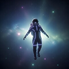 Futuristic Astronaut in a Minimalist Suit Effortlessly Drifting Through a Luminescent Cosmic Void, Evoking Intriguing Exploration and Ethereal High-Tech Serenity