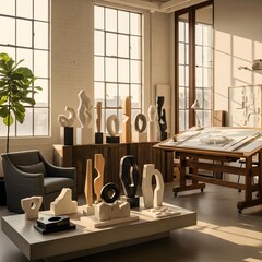A Serene Architect Studio Illuminated by Natural Light Featuring Exquisite Minimalist Sculptures, Refined Textures, and an Aura of Exceptional Quality