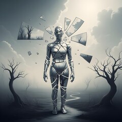 Reflections of Solitude: Navigating the Schizoid Mind through Fragmented Mirrors and Surreal, Muted Landscapes of Profound Isolation and Shattered Reality.