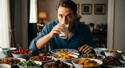 A courageous young Caucasian man accepts the challenge of eating a large banquet of very spicy food, drinking milk to cool the burn