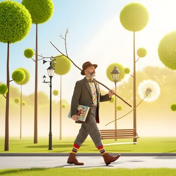 A Whimsical Journey in Vintage Splendor: A Quixotic, Eclectic Stroll Through a Sunlit, Surreal Urban Park of Minimalist Vivid Elegance