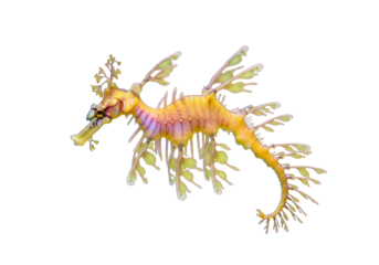 Isolated Weedy Seadragon, cryptic marine fish of southern Australia, close up portrait