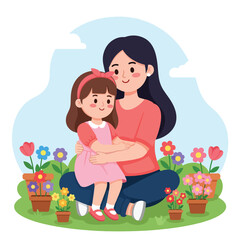 Loving Mother Embraces Daughter in a Vibrant Flower Garden.