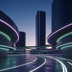 Xenosculptic Neon Plaza at Twilight: A Futuristic Tapestry of Sinuous Curves, Monolithic Structures, Ambient Minimalist Elegance, and Surreal Architectural Brilliance