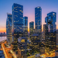 Twilight Urban Canvas: A Dappled Evening Panorama of Sleek Modern Architecture, Reflective Glass Towers, and Ambient City Silhouettes Illuminated by Dusk
