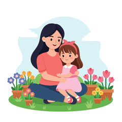 Mother and Daughter Embracing in a Garden Surrounded by Flowers.
