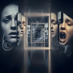 Ethereal Passage of the Mind: A Somber Corridor Where Fragmented Faces and Hazy Reflections Unravel the Depths of Mental Turbulence