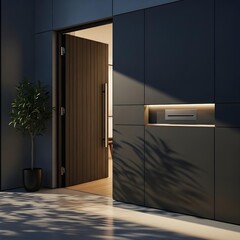 In a sleek urban environment, a modern entryway reveals innovative knockbox design, bold minimalist style, ambient lighting and elegant shadows.