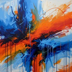 Abstract Visions in Motion: Drifting Fluid Brushstrokes of Vibrant Blues and Oranges Evoke Deep Emotive Energy and Whimsical Expressive Dynamics