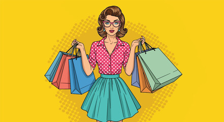 Retro Woman with Shopping Bags Pop Art Style.