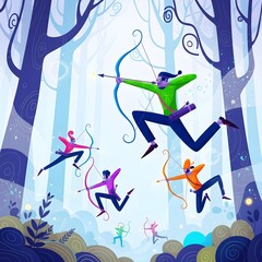 Surreal Archery Odyssey: Zany Archers Leaping Fearlessly through a Misty, Enchanted Forest of Vibrant Hues, Minimalist Design, and Upscale Artistic Grit