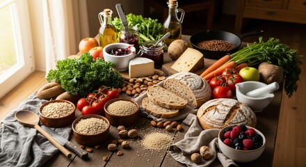 Food Stuff Arrangement Capturing Natural Textures of Healthy Ingredients in Cozy Countryside Cooking Atmosphere