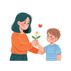 Young boy presents a flower to his mother with love.