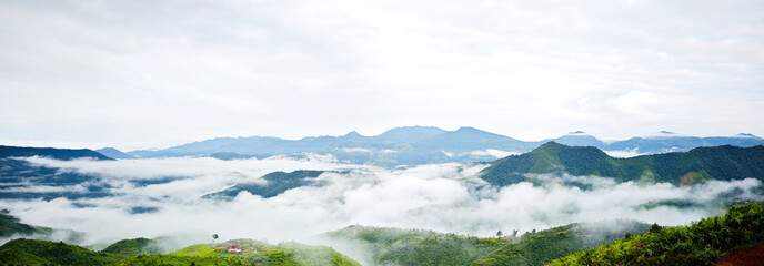 Mountain landscape with green hills and white clouds creating peaceful atmosphere