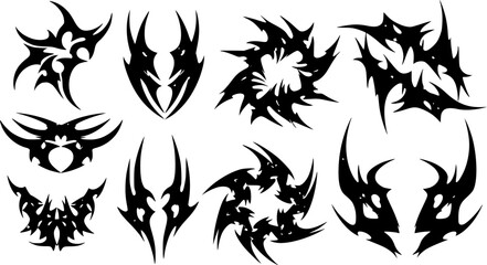 Neo tribal tattoo style shapes. Cyber sigilism spikes and sparks for streetwear print designs, spiky y2k aesthetic vector set