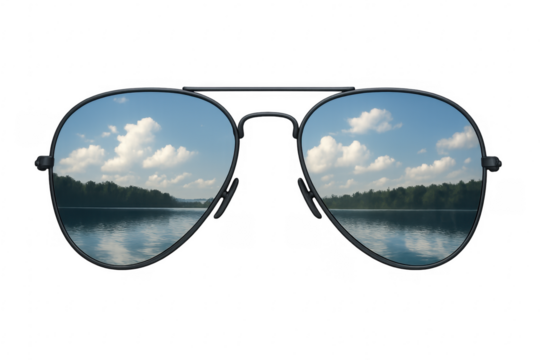 Sunglasses reflecting a beautiful lake landscape and sky