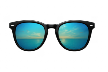 Black sunglasses reflecting blue sea and sky, transparent background