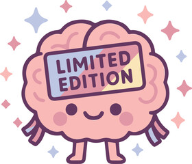 Cute Cartoon Brain with Limited Edition Label and Sparkles in Flat Vector Style