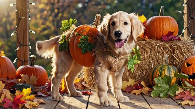 Golden retriever puppy wearing a pumpkin costume standing on a porch with fall decorations celebrating Halloween or Thanksgiving