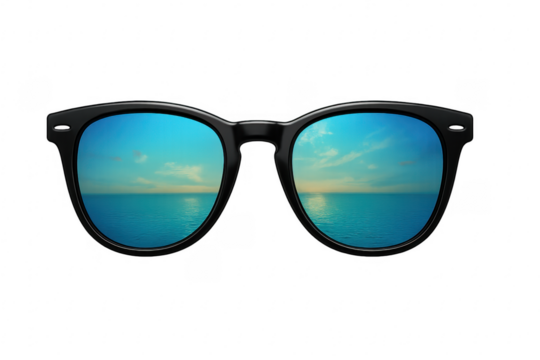 Black sunglasses reflecting blue sea and sky, transparent background