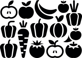 Black and white vector illustration of fresh fruits and vegetables