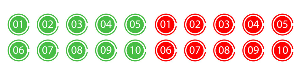  Green and red circle number font icons from 1 to 10. Festive bullet point set with flat and line style. Editable vector for Christmas design, calendar, and holiday infographic