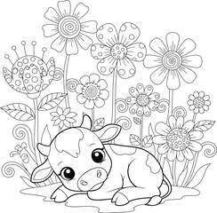 Adorable baby calf resting amongst whimsical doodle flowers, perfect for children's coloring books, farm animal themes, and cute nature illustrations. © MstSangita