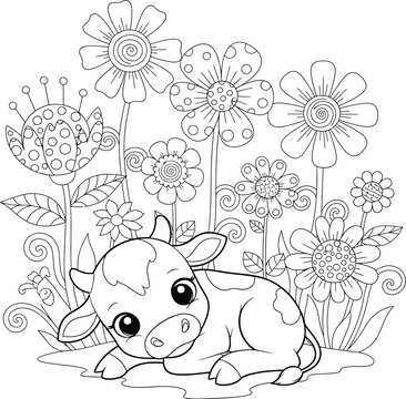 Adorable baby calf resting amongst whimsical doodle flowers, perfect for children's coloring books, farm animal themes, and cute nature illustrations.