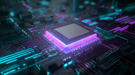Close-up view of a high-tech CPU circuit board with vibrant neon lighting