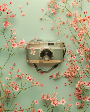 C&aacute;mara fotogr&aacute;fica sobre fondo con flores