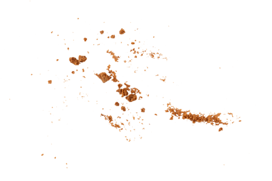 Flying cookie crumbs, crunchy biscuit pieces explosion with brown crispy texture for dessert design, bakery ingredient concept, sweet snack decoration, and food background element