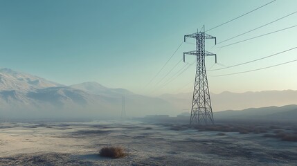 A high-voltage transmission tower over barren land, symbolizing the environmental footprint of infrastructure