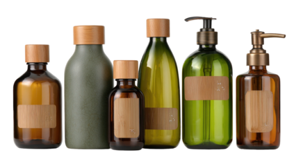 Bottles arranged on black background in varying green and brown tones, simple design and wooden accents