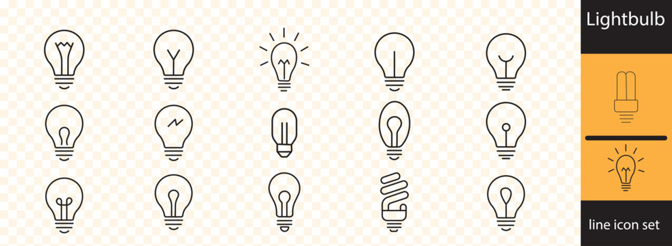 Lightbulb line icon set . Light bulb with rays. Lighting Electric lamp. Creative idea, solution, thinking concept