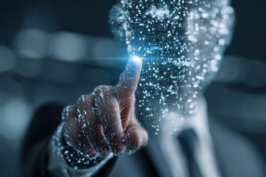 Close Up Image of AI Computer Circuit Board Face Abstract Artificial Intelligence Futuristic Technology Innovation Digitalization Concept with Glowing Light on Tip of Finger