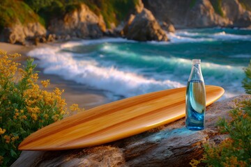 Surfing, ocean, mountains, and sun. Generative AI