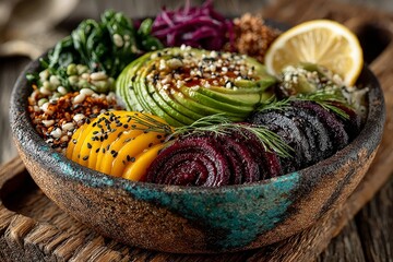 Bowl with greens, beans, seeds, and avocado, styled on a rustic wooden table. Generative AI